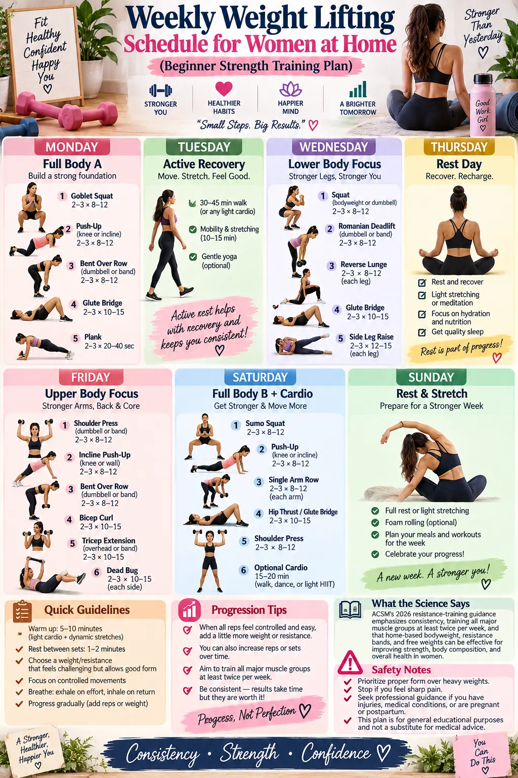 Weekly Weight Lifting Schedule for Women at Home (Beginner Strength Training Plan)